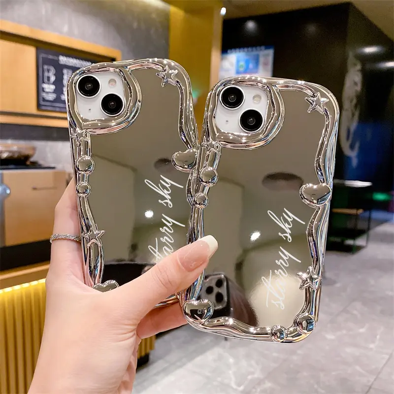 Custom Name 3D Star Heart Plating Phone Case For Iphone 15 14 13 12 11 Pro Xs Max X Xr 7 8 Plus Makeup Mirror Soft Back Cover Protective Shockproof