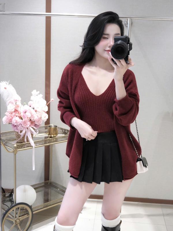 DBD588 - Set áo len hai món gồm áo hai dây và cáo cadigan khoác ngoài, hai màu Đỏ - Be, Freesize, chất liệu cao cấp, (LINH HOÀNG DESIGN), top, nữ, women