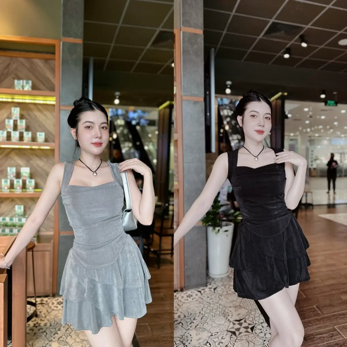 Set áo hai dây vạt bầu chân váy tầng có quần trong chất thun nhũ Quảng Châu màu xám, đen dành cho nữ thiết kế hiện đại, trẻ trung, tôn dáng - Hà Dương Store