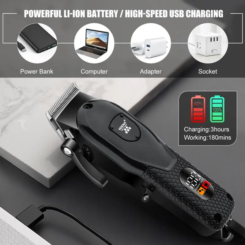 Professional Men's Hair Clipper with LED Display, 1 Set USB Rechargeable Men's Hair Cutting Machine, Cordless Hair Clipper Trimmer, Barber Kit 4