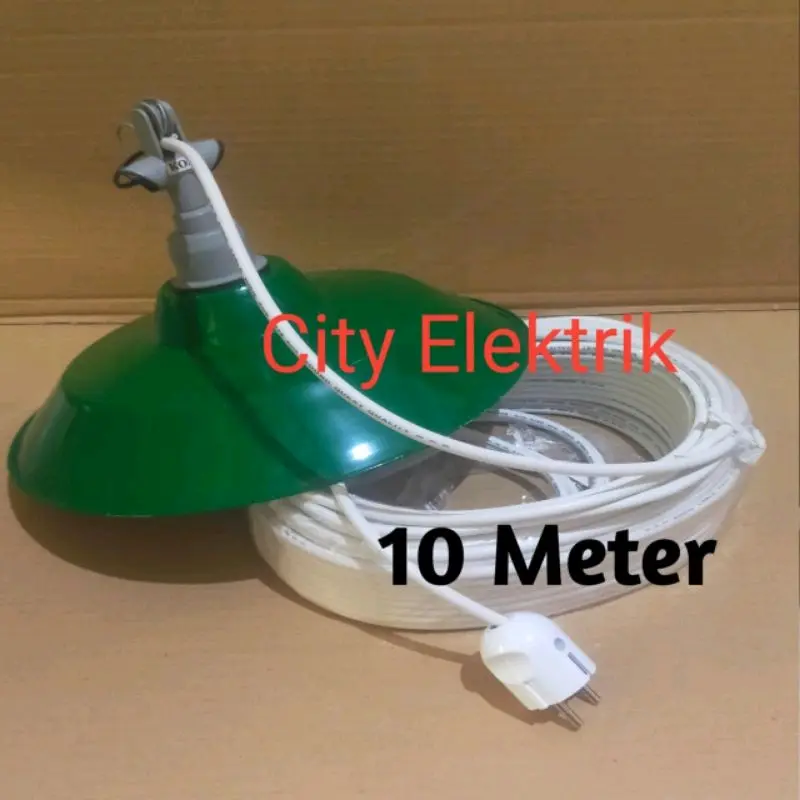 Fiting Lampu Gantung Rakitan Kabel 10 Meter + Steker Arde + Fiting Lampu & Kap Hijau ( Siap Pakai )