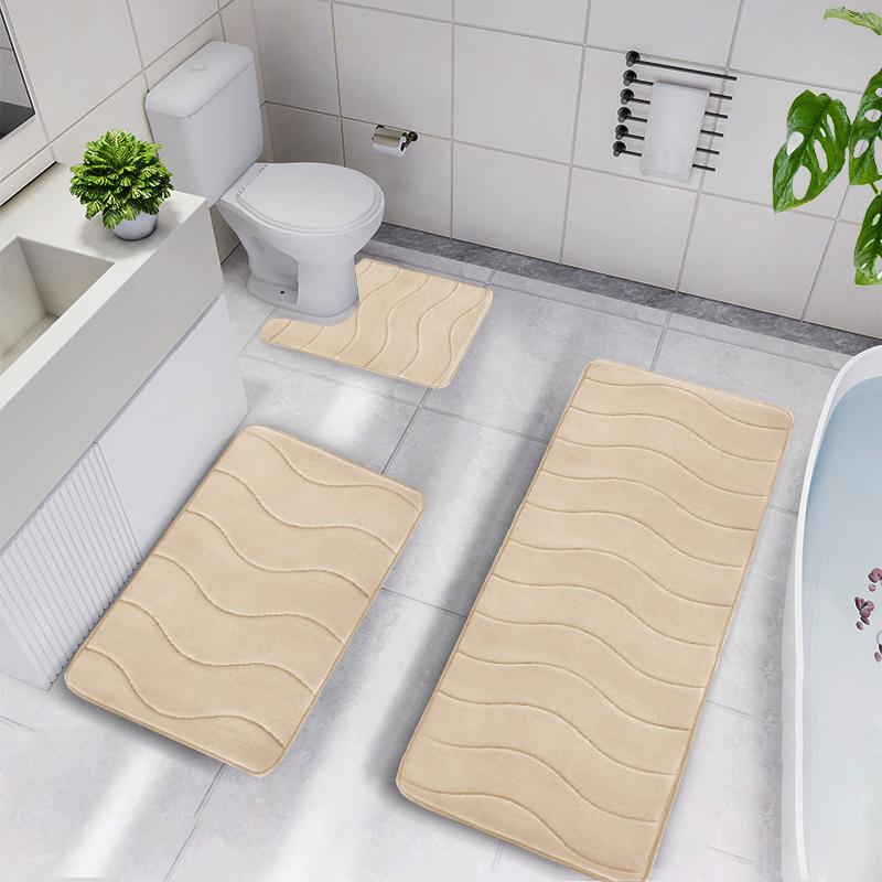 Soft Non-slip Bathroom Mat Set, 3pcs/set Household Wave Embossed Quick-dry Rug, Washable Water Absorbent Floor Pad, Household Bundle Bathroom Accessories 5