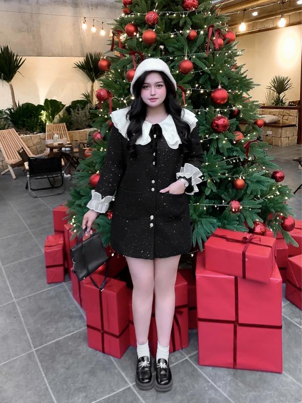 Váy áo dạ nhũ kim sa dáng dài phối cổ ren bèo 2 tầng tay áo đính ngọc bigsize V104