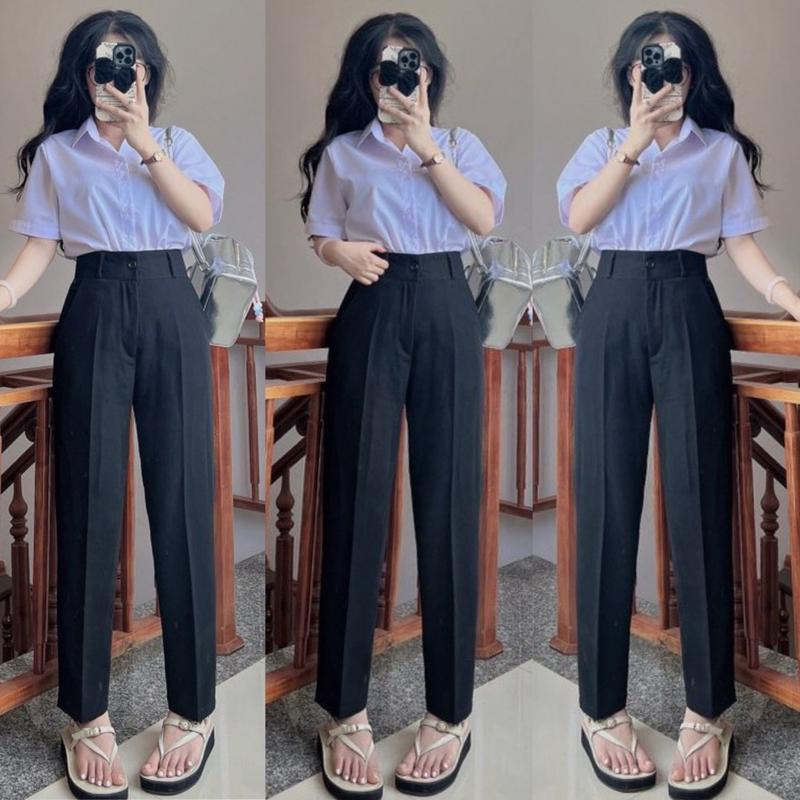 Quần tây Đen baggy Đi học nữ cạp lưng cao có Đai nịt màu Đen Xanh Xám dáng quần vải học sinh nữ dày ống baggy Đáy cao học sinh Đẹp Ong Women Pants Kem