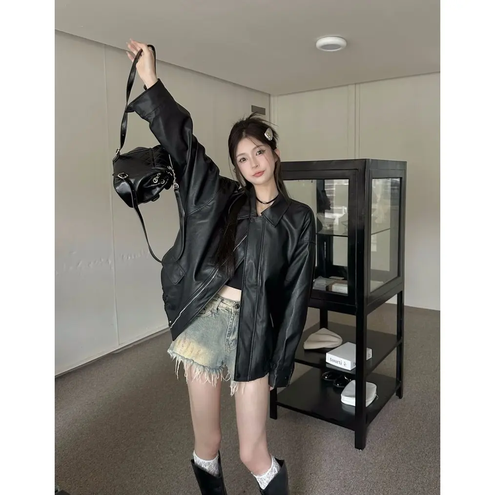 RICH-THEY Girls 'retro Ngắn Phong Cách Hàn Quốc Áo Khoác Da Dáng Rộng Đẹp Trai Áo Khoác Xe Máy | BigBuy360 - bigbuy360.vn