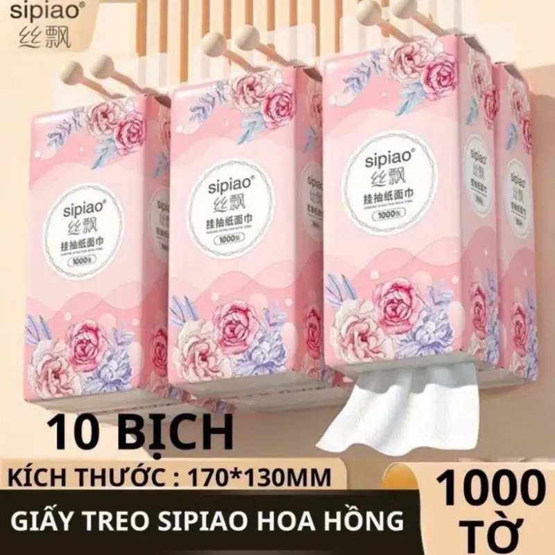 ￼ [Tặng móc treo] Combo 10 Bịch Giấy Treo Đa Năng SIPIAO Hoa Hồng, Khăn Rút Treo Trường 4 Lớp mỗi bịch 1000 Tờ Loại 1 0