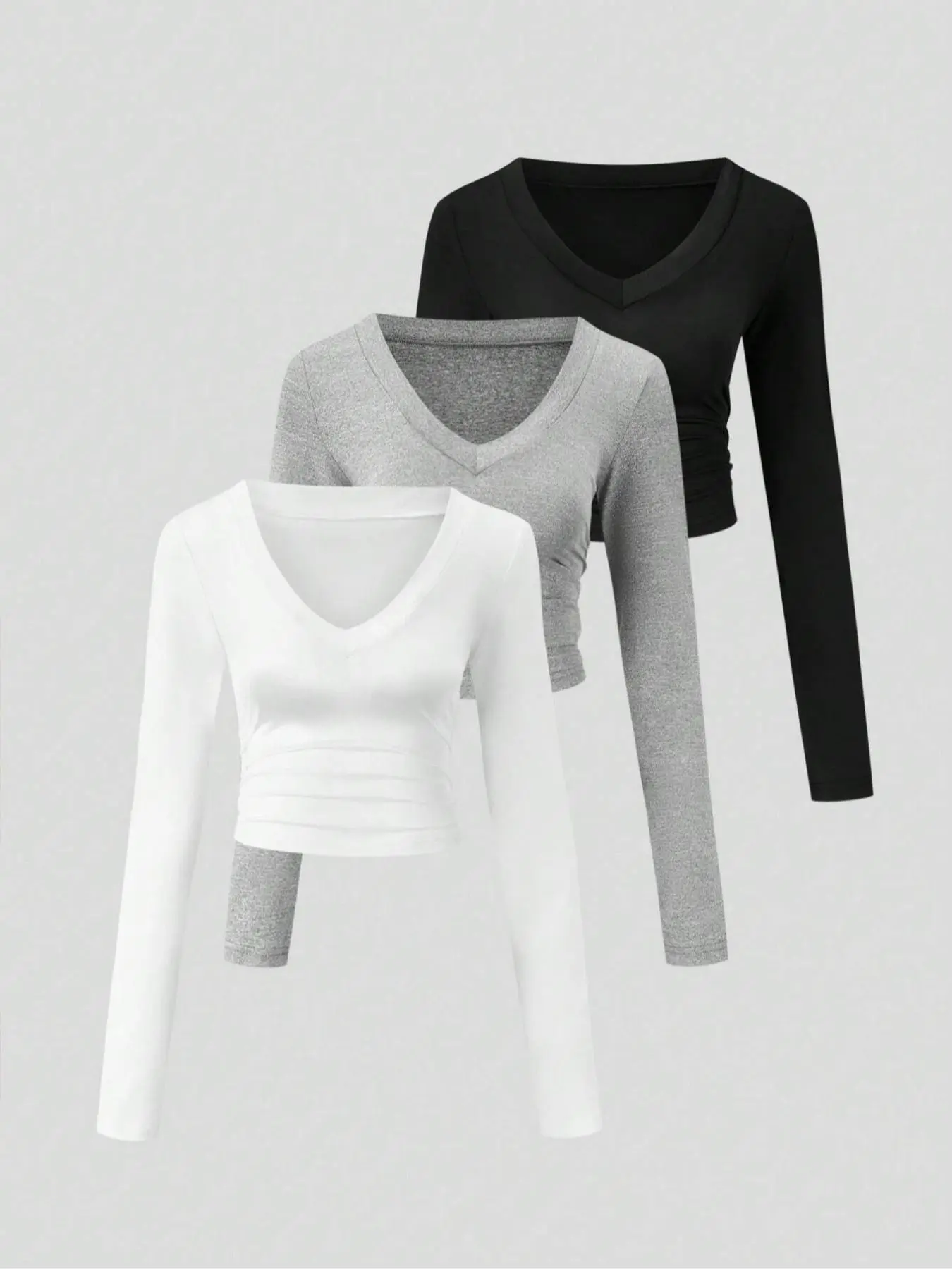 Women's Solid Ruched V Neck Tee, Elegant Fashion Casual Long Sleeve T-shirt for Daily Outdoor Wear, Women Clothing for Fall & Winter