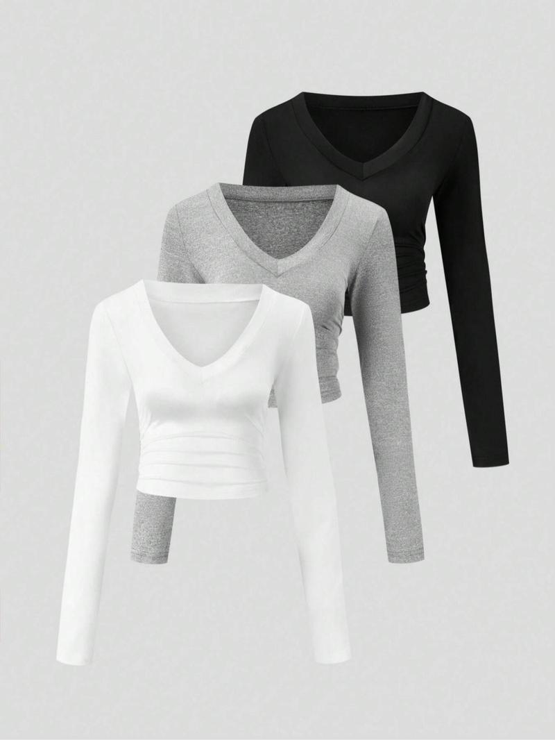 Product Introduction of Women's Solid Ruched V Neck Tee, Elegant Fashion Casual Long Sleeve T-shirt for Daily Outdoor Wear, Women Clothing for Fall & Winter 12