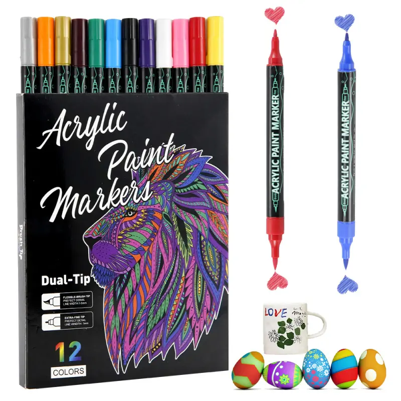 Overseas Acrylic Paint Markers, 12 Colors Paint Pens Acrylic Markers Dual Tip with Brush Tip and Dot Tip, No Bleeding Coloring Markers for Wood, Rock, Canvas, Glass, Metal, Ceramic, Plastic, Fabric