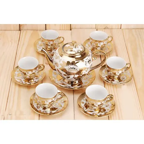 Bộ Tách Trà Nhũ Vàng Gốm Sứ Cao Cấp ( Gồm : 1 Ấm , 6 Ly, 7 Đế Sứ ) 8