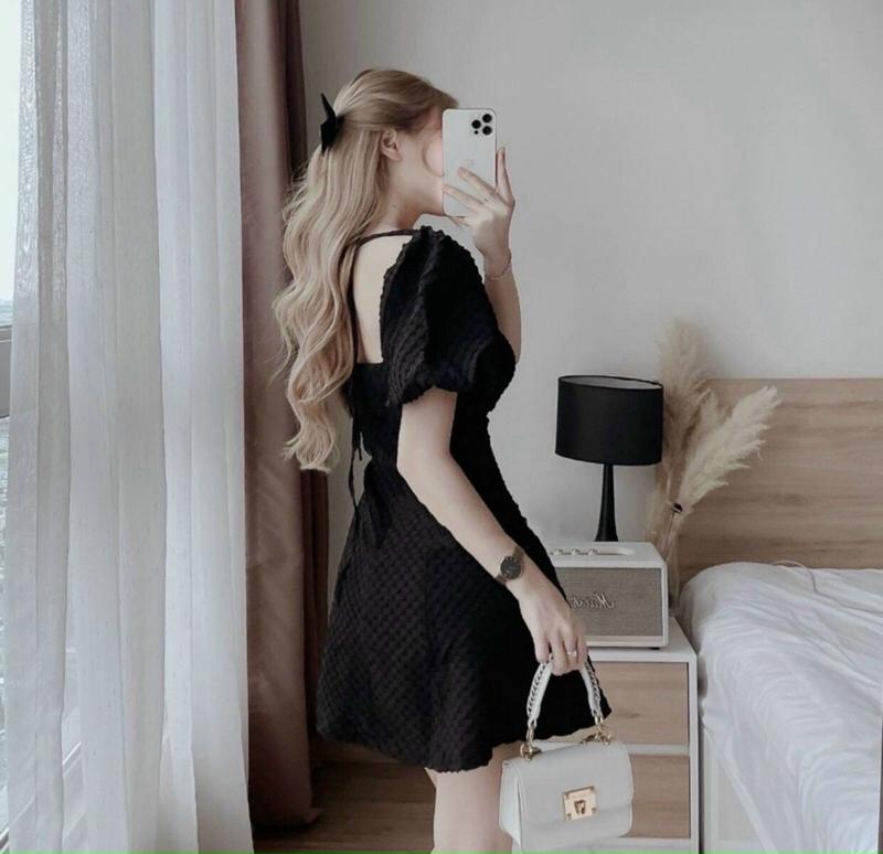 Đầm Xốp Tay Bồng Dây Cổ Yếm Tiểu Thư Nữ Dress 4