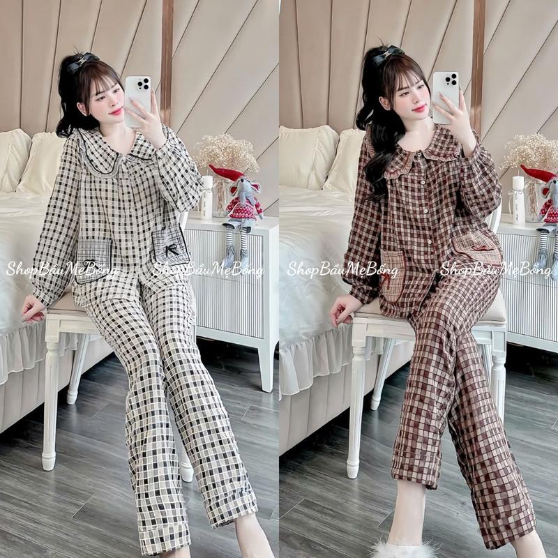 COMBO 2 Bộ Bầu-Bộ Sau Sinh Mặc Nhà Dáng Quần Dài Áo Dài Kẻ Túi Nơ Cổ Bèo Vải Đũi Gân Nhung Mềm Dưới 72kg Cho Mẹ Bầu Xinh Xắn Thoải Mái - Nữ Váy Bầu