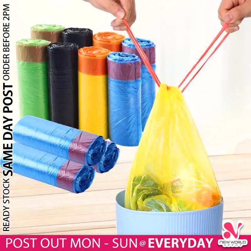 ( EASY TIE UP ) 45cm x 50cm Large Drawstring Garbage Bag Disposable Trash Rubbish Thickened Plastic Bags Beg Sampah