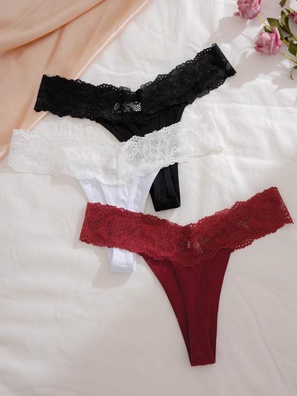 Women's 3pcs Plain Contrast Lace Drop Waist Panty, Soft Comfy Breathable Knicker for Daily Wear, Underwear for All Seasons 1