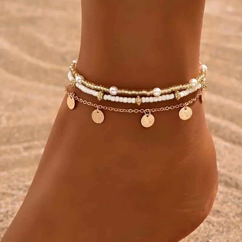 [3pcs Golden-Tone Pendant Anklet] 3pcs/Set Simple Golden-Tone Circular Pendant Tassel Beaded Anklet for Women, Suitable for Daily Wear And Vacation 0