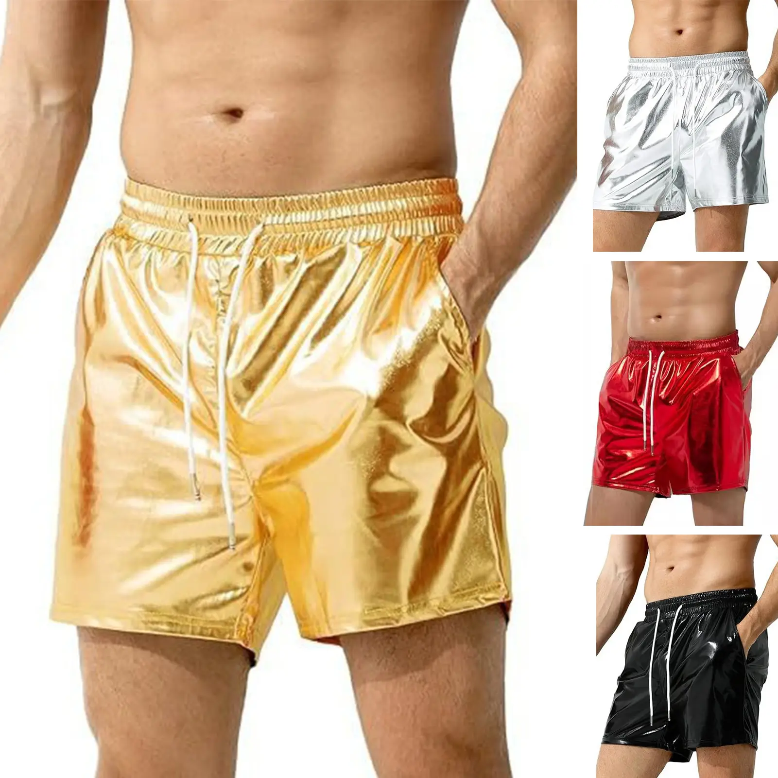 [Juanrry]Men Glossy Surface Shorts Elastic Waist Adjustable Drawstring Wide Leg Shorts Beach Casual Short Pants Streetwear