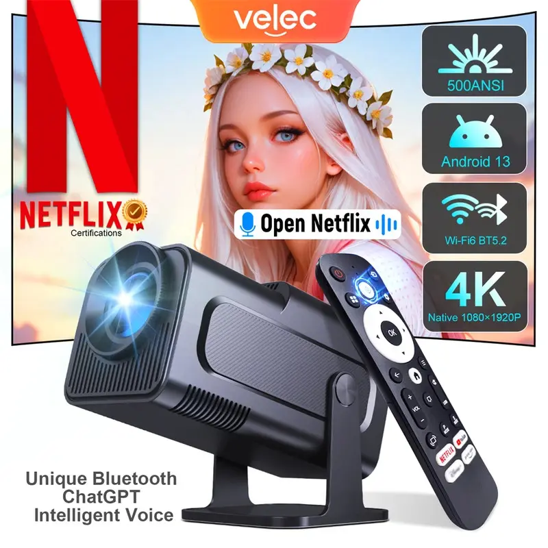 Máy Chiếu NTV, Velec HY320, Được cấp phép Netflix, Hệ điều hành Android 13, Độ phân giải 500ANSI, 1080P, Amlogic S950D4, WIFi6.0, BT5.2, Máy chiếu 4K mini