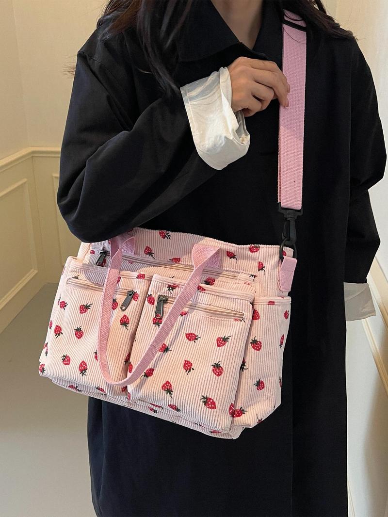 Product Introduction of Women's Ditsy Floral/Strawberry Pattern Tote Bag, Fashionable Multi-pocket Shoulder Bag for Daily Used, Casual Trendy Versatile High-quality Daily Commuting Bag 5