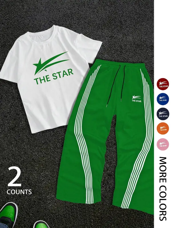 Two-Piece Set Men's Letter Print Short Sleeve Tee & Tracksuit Legging Set, Regular Fit Round Neck T-shirt & Striped Print Pants, Casual Fashion Breathable Men Two-piece for Gym Workout Running 2
