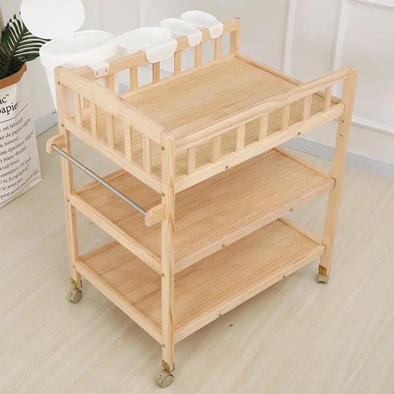 Heavy Duty 3 Layers Wooden Diaper Changing Table Movable Baby Bath Massage Changing Station w storage rack w cushion