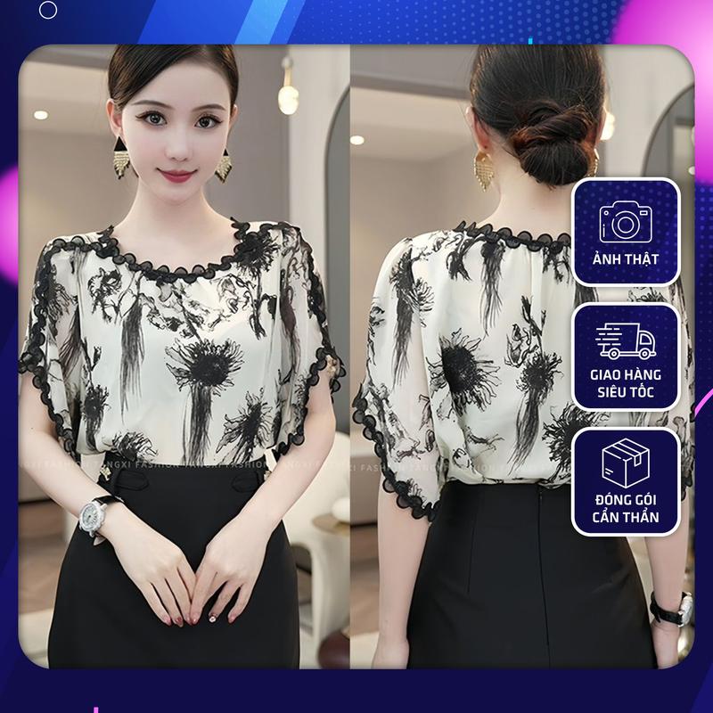  Áo voan kiểu công sở hoạ tiết hoa viền ren tay lỡ  HTC10  Nữ Women Top Sơ Mi Cổ Tròn Flower Shirt - Nữ Voi Sen áo  sơ Hoa Sen aosang  chanh áo trung niên 