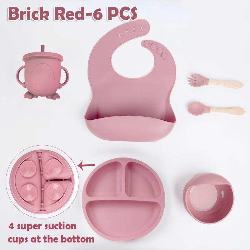 Product Introduction of 6pcs Baby Feeding Set Silicone Eating Food Plate Set with Suction Cup For Kids Baby Essentials Includes Baby Plate, Bowl, Bib, Cup, Spoon and Fork BPA Free Baby 6-Piece LED Weaning Utensils Set Supplies for Infants 48