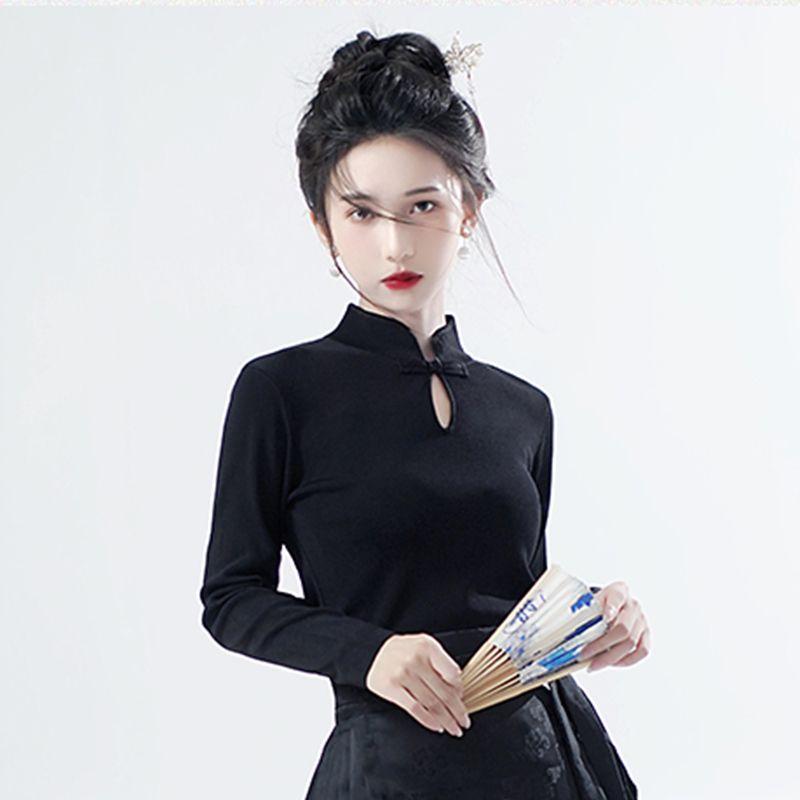 Áo Sườn Xám Phong Cách Trung Quốc Mới, Cổ Chân Đế Tay Phồng Dành Cho Nữ, Thích Hợp Cho Mùa Xuân Và Mùa Thu, Phong Cách Quốc Gia Mới, Áo Thun Dài Tay Thiền 7