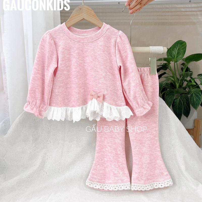 Set bộ Thu - Đông áo phối Ren đính Nơ, quần ống loe cho bé gái 8-30kg - B126