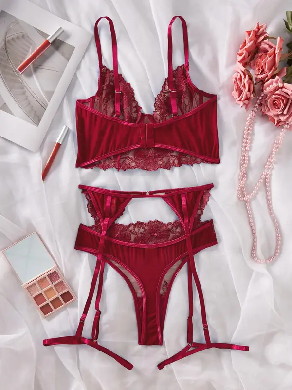 Women's Solid Lace Sexy Lingerie Three-Piece Set, Push Up Bra & Thong & Garter Belt Set, Soft Comfy Breathable Lingerie Set for Women 8