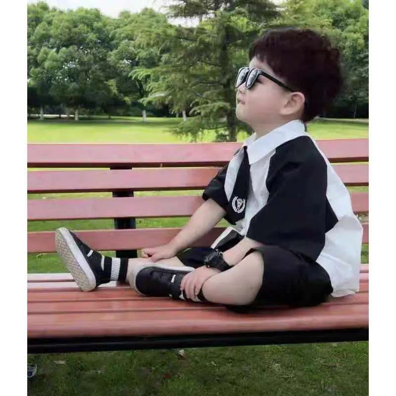 Set áo sơ mi kèm cà vạt bé trai áo sơ mi tay đen phối quần có dây đeo thời thượng, phong cách---MÃ CÀ VẠT 3