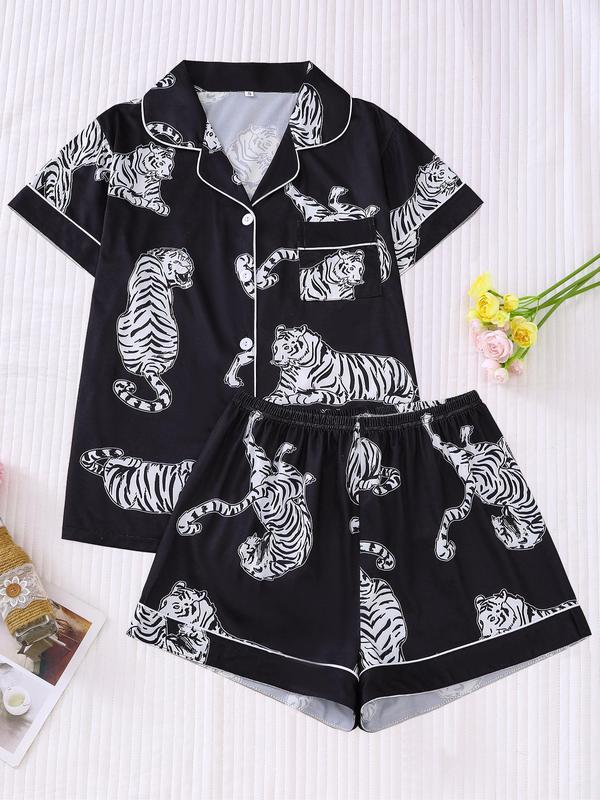 Women's Cartoon Print Contrast Binding Pocket Lapel Shirt & Elastic Waist Shorts Pyjama Set, Casual Comfy Button Front Short Sleeve Top & Shorts Pj Set, Pyjamas for Women, Pajamas, Ladies Sleepwear, Pyjamas for Women 6