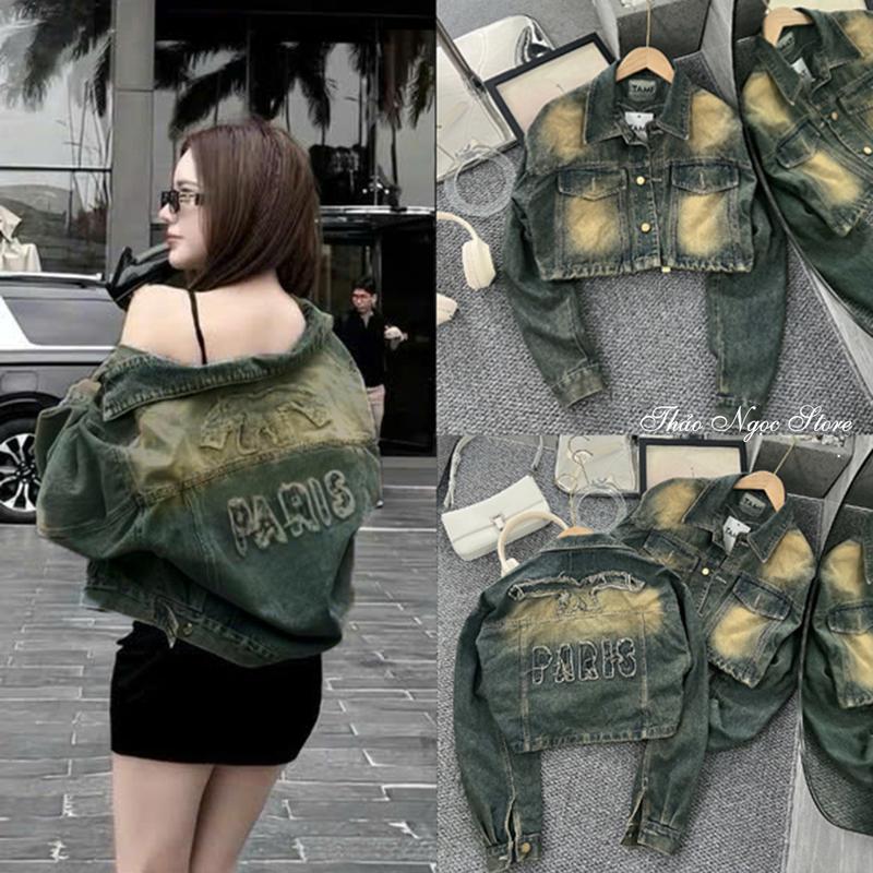  Áo khoác jean nữ croptop tay dài lưng thêu chữ 2 túi nắp! THẢO NGỌC STORE 