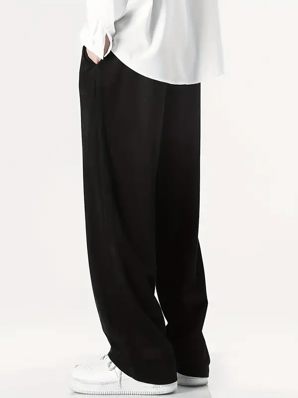 Unisex's Solid Drawstring Waist Pants, Casual Pocket Straight Leg Trousers for Daily Wear, Knitting Bottoms for All Seasons 1
