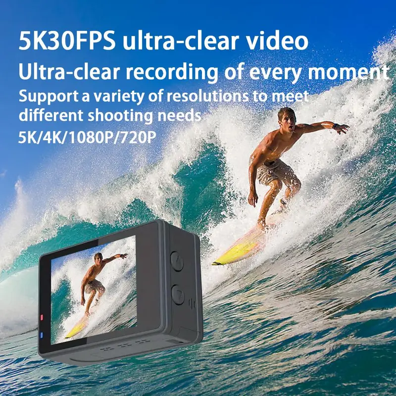 Action Camera, 5K 30 FPS Outdoor Waterproof Action Camera with Front LCD & Touch Back Screen, Camera Remote Control Sports Camera with Wide Angle Lens, Smartphone 6