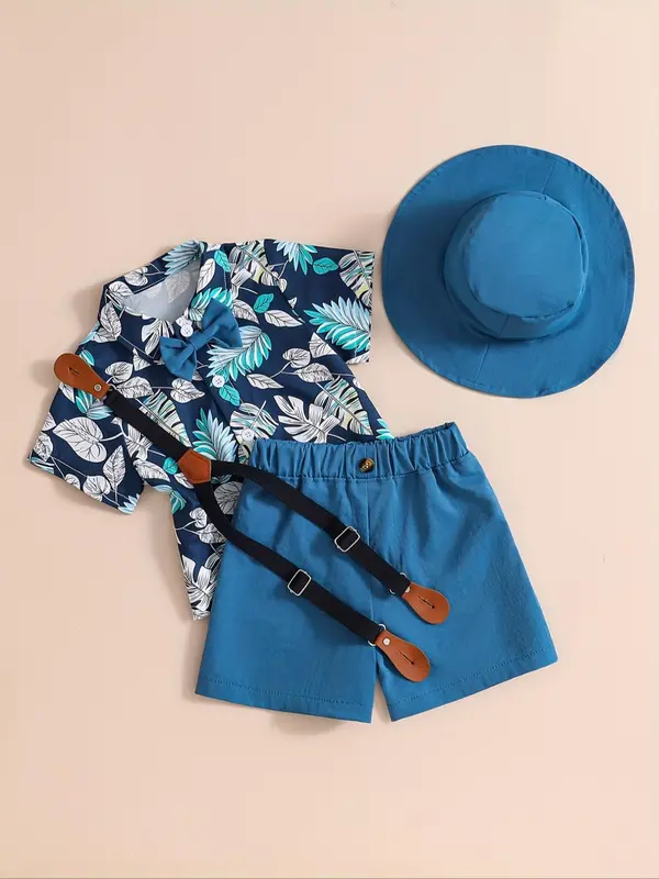 Toddler Boy's Leaf Print Short Sleeve Shirt & Suspender Shorts & Tie & Hat & Sunglasses Set, Summer Clothes for Kids 2