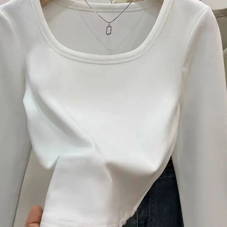 Quần Áo Nữ, Mẫu Mới, Phong Cách Pháp, Eo-Cinching, Vai Thông Thường De Rong Áo Phông Dài Tay, Thích Hợp Cho Mùa Xuân, Mùa Thu Và Mùa Đông, Có Thể Mặc Bên Trong, Cổ Vuông Và Cổ Chữ U, Mỏng Vừa Vặn, Áo Bó Sát 3