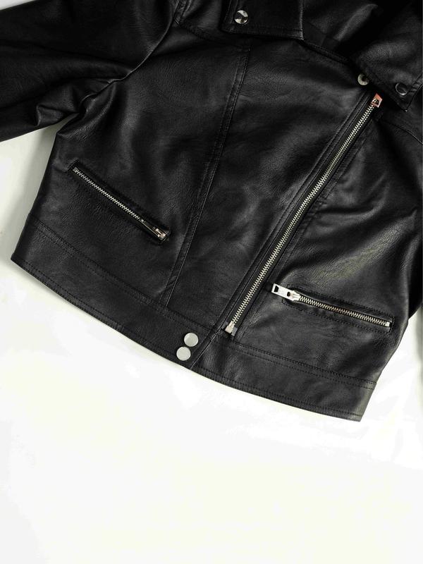 Women's Solid Color Lapel Collar Zipper PU Leather Crop Jacket, Street Fashion Long Sleeve Button Outerwear for Daily Outdoor Wear, Ladies Clothes for All Seasons 6