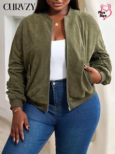 CURVZY Plus Size Fall Aesthetic Solid Ruched Pocket Zip Up Jacket, Casual Long Sleeve Mock Neck Outerwear for Fall & Winter, Fall Clothing Women, Women's Clothes for Daily Wear