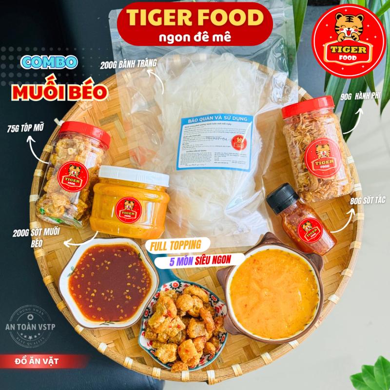 COMBO MUỐI BÉO - Bánh tráng phơi sương muối béo + tóp mỡ + hành phi + sốt tắc chua ngọt TIGER FOOD Bánh tráng muối béo Siêu Ngon - Đồ ăn vặt Snack Nước Sốt Gia Vị