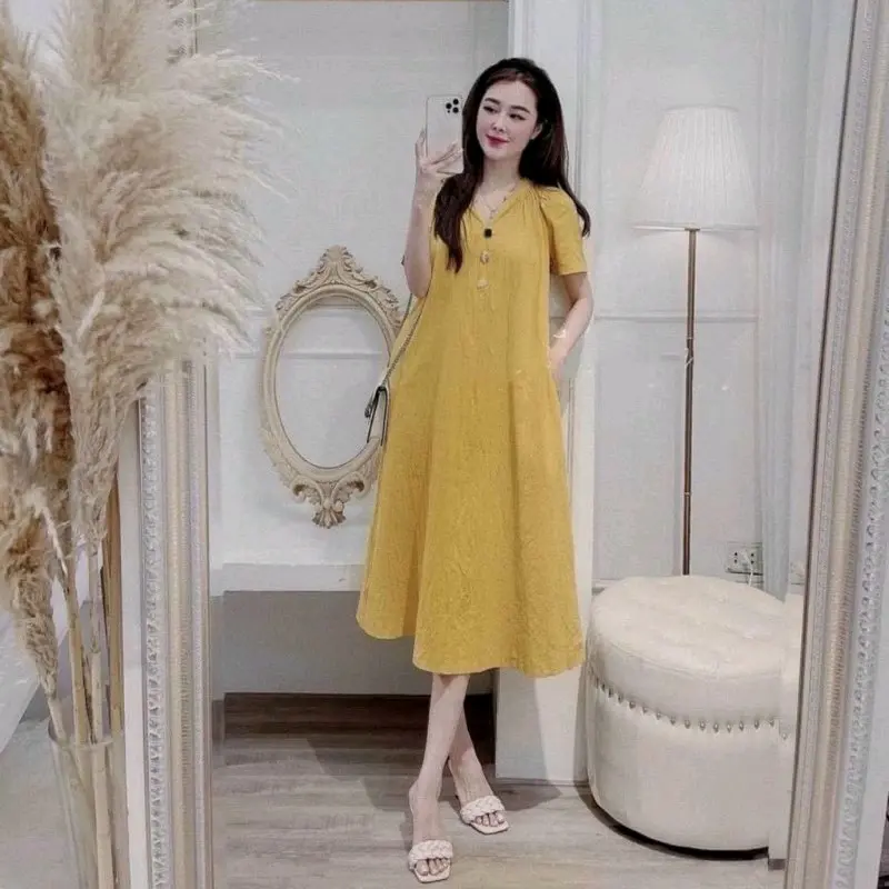 Váy V27, Đầm Suông Cổ Chun Đính Cúc Cách Điệu Chất Đũi Xước 3