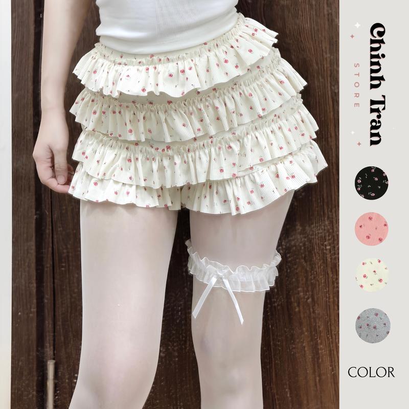 Quần Giả Váy 4 Tầng Dáng Ngắn Lưng Thun Dễ Thương Họa Tiết Nhiều Màu - Nữ