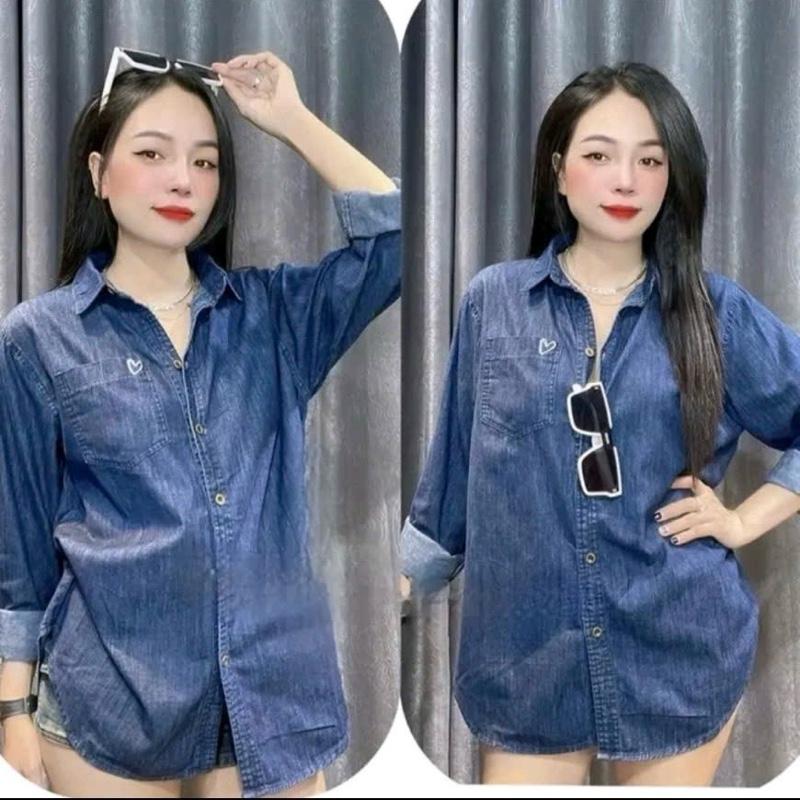 Product Introduction of ￼Áo Sơ Mi Bò Dài Tay 1 Túi THÊU TIN Xinh Xắn From Rộng Vừa, Sơ Mi Jean Tay Dài Rộng Vừa áo đỏ tím l đóng nút 16