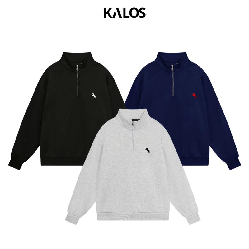 Áo Sweater cổ zip KALOS vải nỉ 2 da không xù cổ lọ from rộng