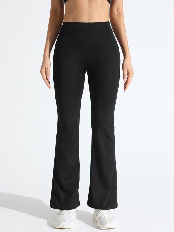 Sporty Women's Plain High Waist Flare Leg Sports Leggings, Comfy Pocket Design Bell Bottom Trousers for Yoga Gym Workout Running, Ladies Sportswear for All Seasons 4