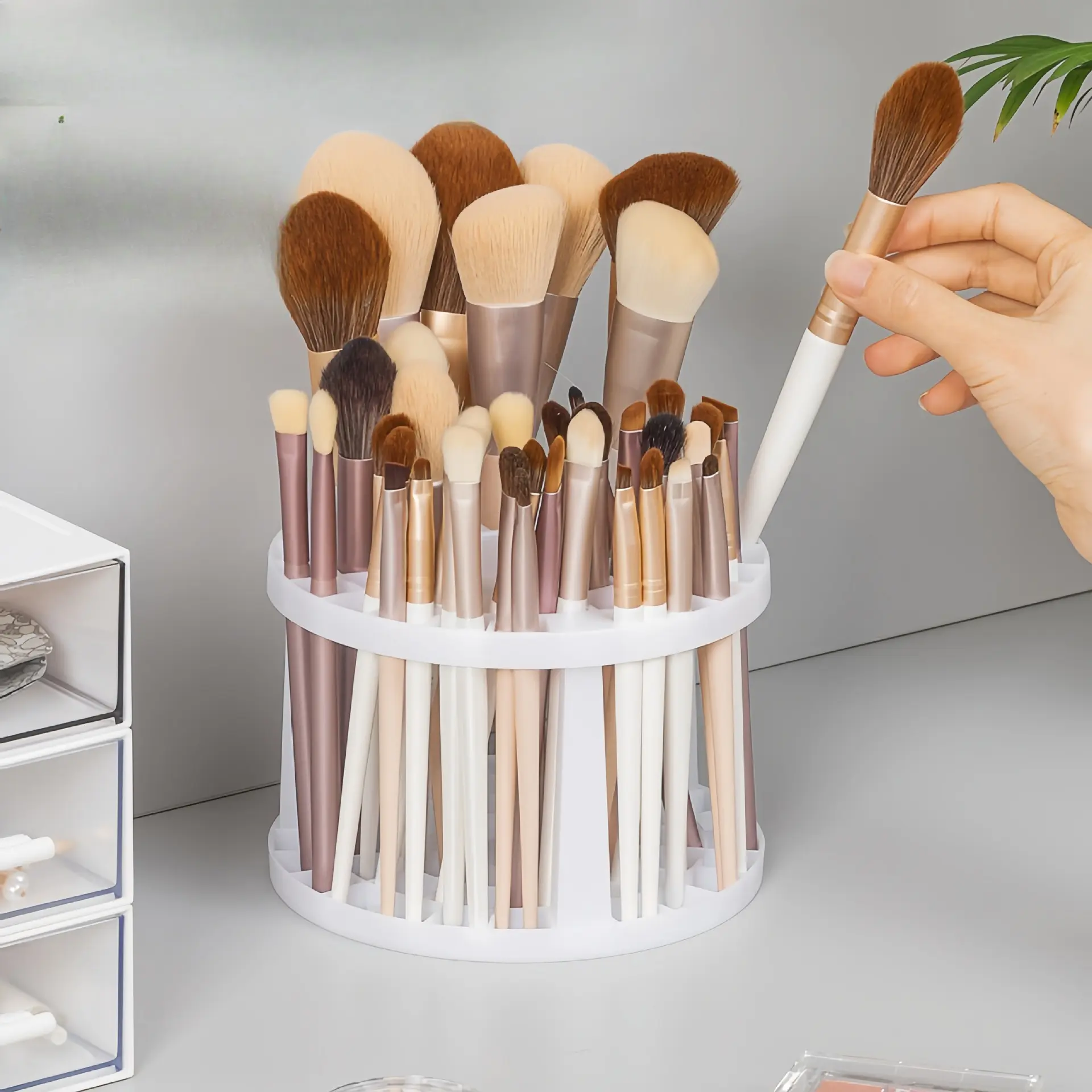 Multi Hole Makeup Brush Storage Rack, Pen Holder, Circular Bathroom And Office Versatile Shelf