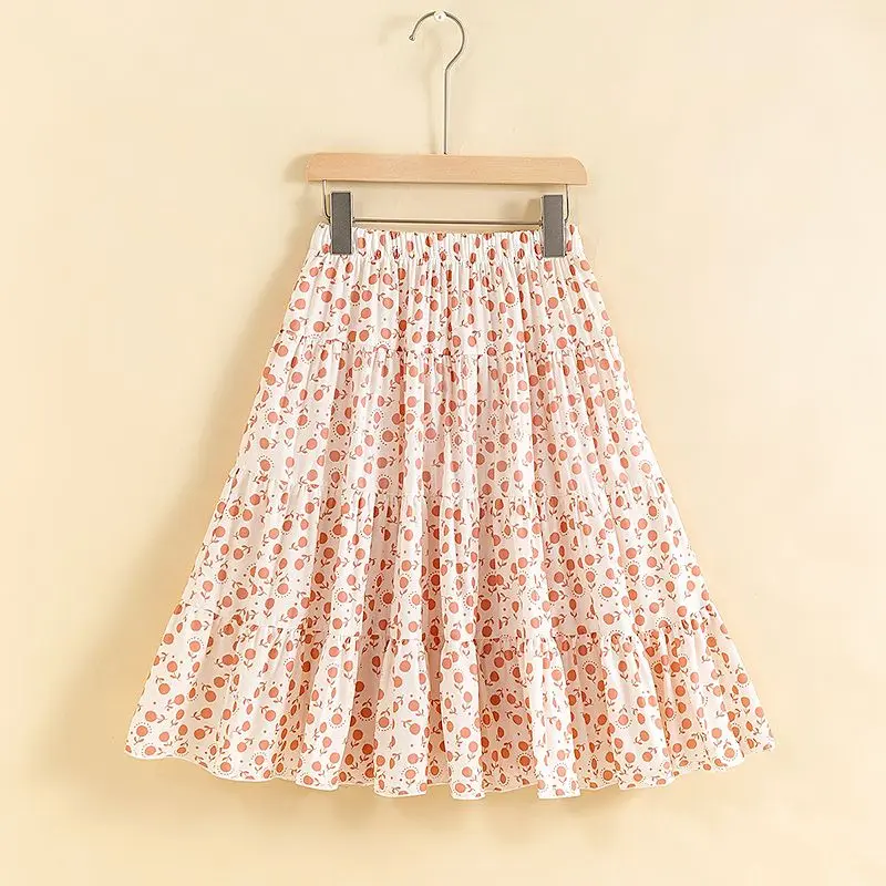 Teenage Girls Casual Chiffon Skirts 2024 New Summer Pleated Skirts Yellow Blue Princess Casual Cake Floral Printed Skirt