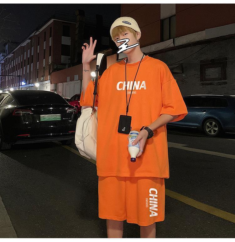 Product Introduction of Summer New Trendy Hong Kong Style Simple Letter Printing Leisure Sports Suit Green Student Short Sleeve Shorts Two Pieces Suit Menswear Overalls Lingerie Formal 14