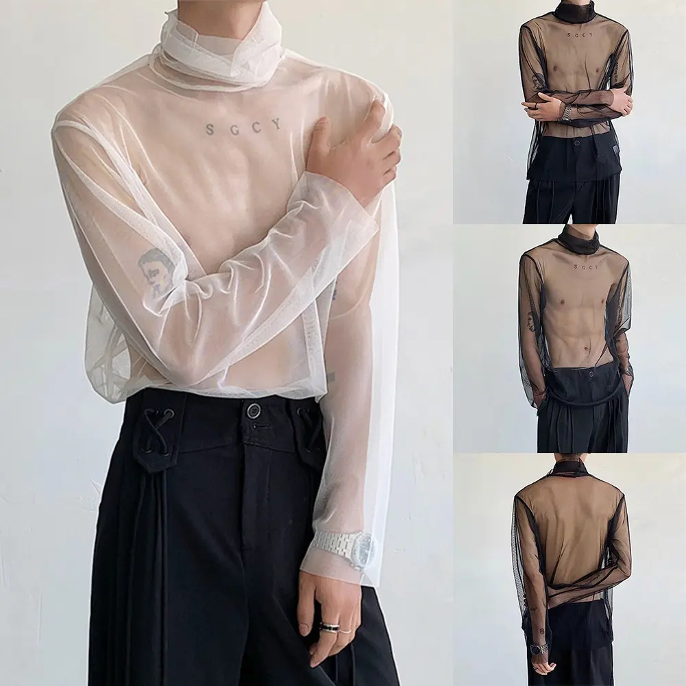 Áo Cao Cổ lưới Xuyên Thấu, dành cho nam giới, Áo Thun dài tay, Thích hợp cho bữa tiệc và hộp đêm, Gợi Cảm
