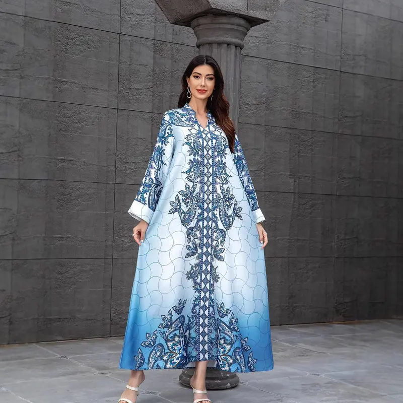 2025 Fashion Printed V-neck Loose Slim Dress Women's Beaded Rhinestone Robe New 2