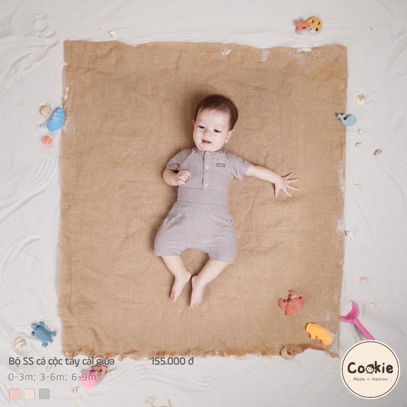 Combo 2 Bộ Quần Áo Sơ Sinh Cookie Cộc Tay Cài Giữa Dệt Hình Xương Cá Cho Bé Size Từ 0-3M 3-6M Và 6-9M